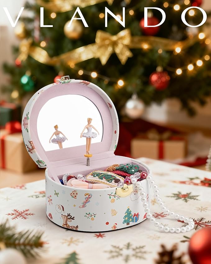 VLANDO Gifts for Girl, Musical Jewelry Box for Girls, Small Kid Music Box with Ballerina, Gifts for Christmas Girls Kids - Christmas White