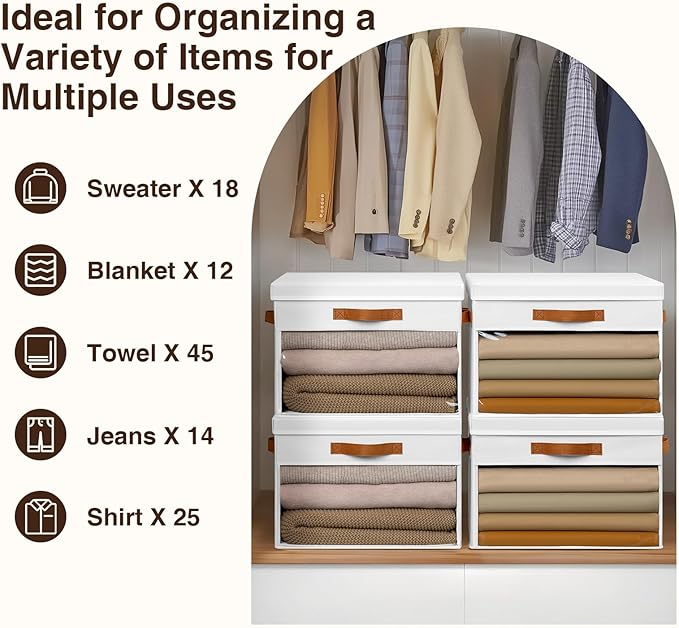 Homsorout Large Storage Bins with Lids - 6 Pack Foldable Decorative Organizers with Clear Windows & Handles, Cube Storage Organizers for Clothes, Blankets, Sweaters, CD, White