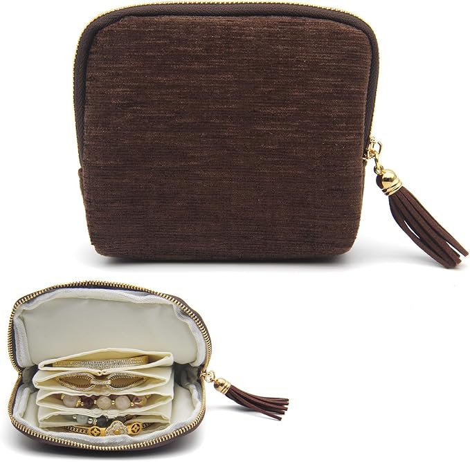 Small Travel Jewelry Case, Mini Jewelry Box, Purse Organizer Pouches for Travel and Everyday Jewelry Organizer Storage (Coffee Brown)