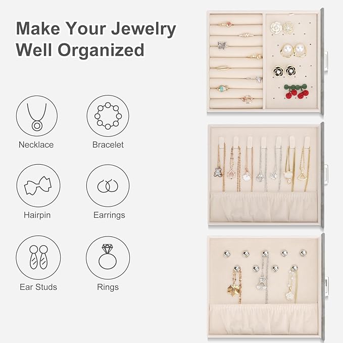 DesignSter Jewelry Box Organizer, Jewelry Box for Women, PU Jewelry Organizer Display Case with Side Drawers, Jewelry Storage for Earring Necklace Ring Bracelet Watch