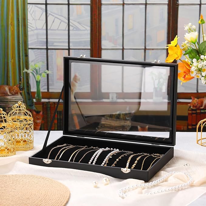 Kenning 2 Pieces Glass Lid Necklace Organizer Box 20 Hooks Necklace Tray Jewelry Holder Organizer Velvet Necklaces Holder Storage Display Case for Show Bracelet