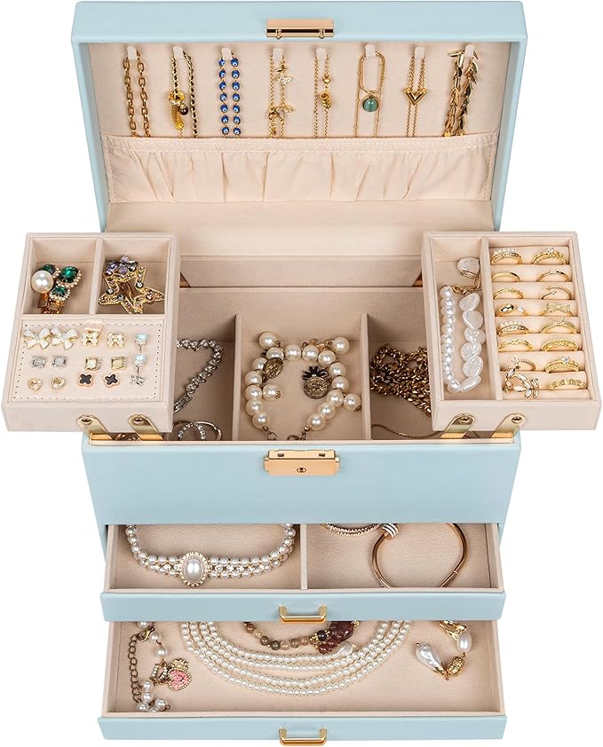 AKOZLIN Travel Jewelry Box Organizer Functional 2-trays Leather Jewelry Storage Case with Lockable Portable 2 Drawers for Women Girls Ring Necklace Earring Bracelet