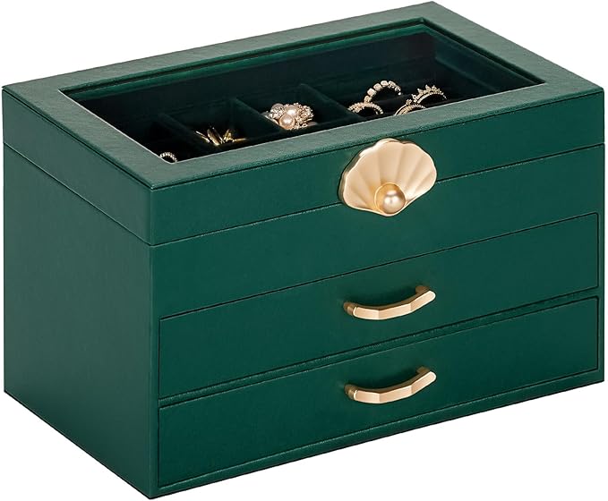 Enthralite Jewelry Box with 2 Drawers: Display Organizer for Earrings Necklaces - Christmas Gifts for Girls Women (Forest Green)