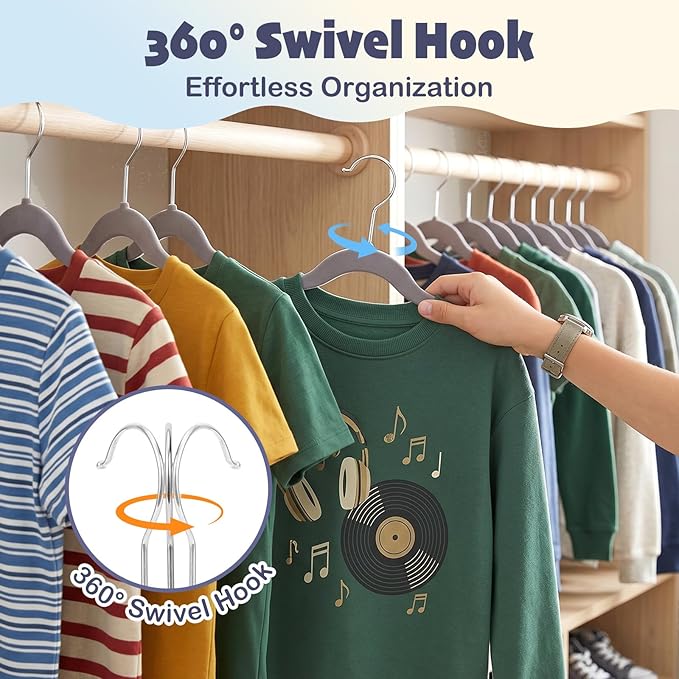 HOUSE DAY 14 Inch Kids Velvet Hangers 50 Pack, Durable Big Kid Hangers for Youth, Teen, Non Slip Kids Felt Hanger, Cute Childrens Hanger for Closet, Grey
