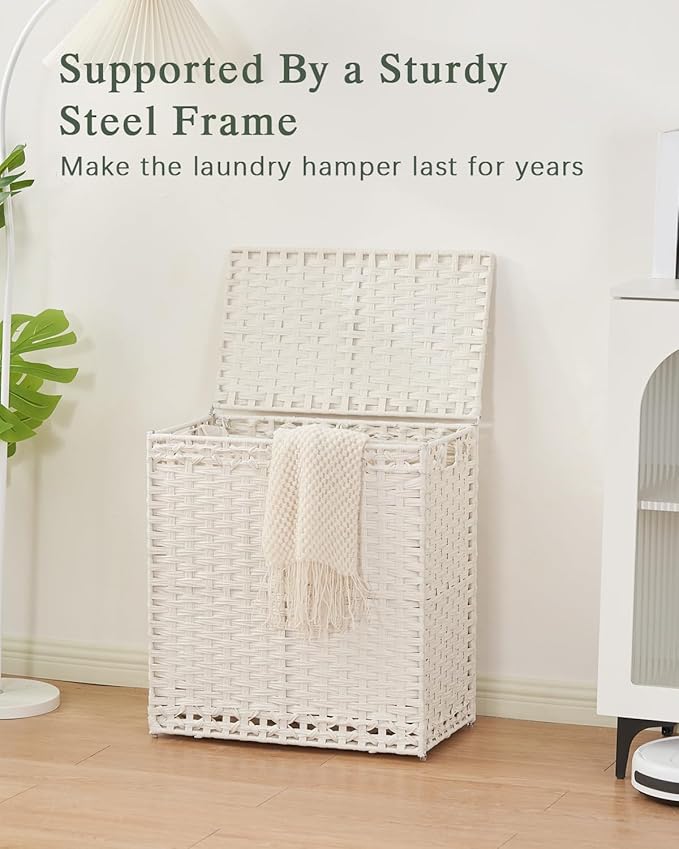 SETVSON Laundry Hamper with Lid Wicker Laundry Basket 112 L (29.6 Gal) Laundry Hampers Handwoven Rattan Clothes Hamper with Handles 3 Removable Liner Bag, 6 Mesh Bags for Bathroom Bedroom White