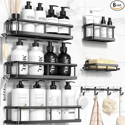 YASONIC Shower Caddy 6 Pack Rustproof Shower Organizer, Large Capacity Shower Shelves for Inside Shower, Bathroom Organizers and Storage with Soap Holder and 12 Hooks, Adhesive Shower Storage