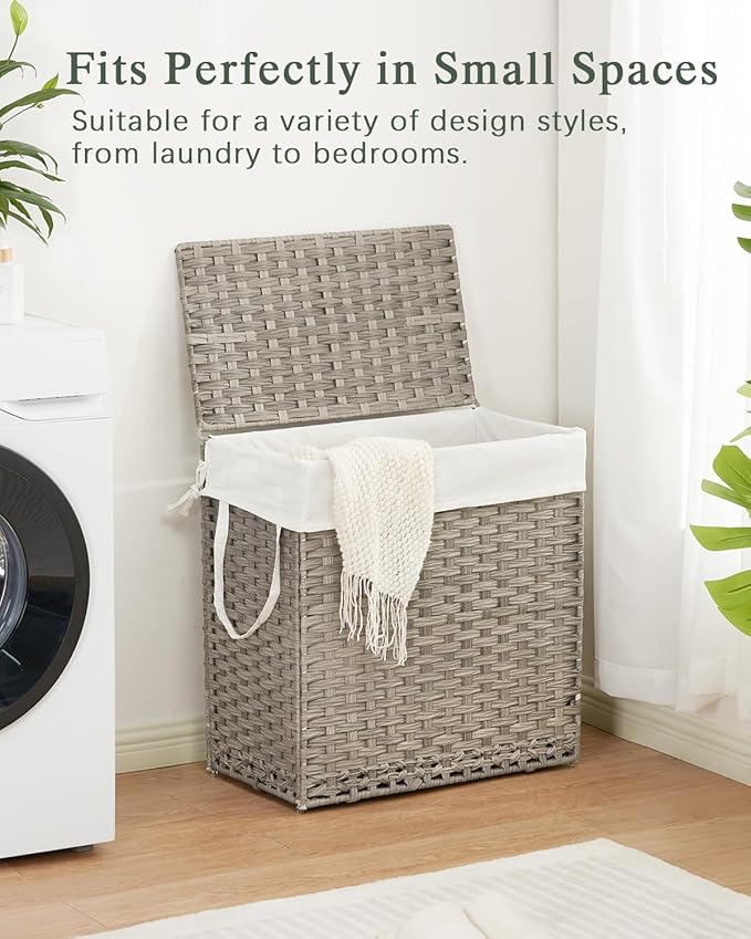 SETVSON Laundry Hamper with Lid Wicker Laundry Basket 112 L (29.6 Gal) Laundry Hampers Handwoven Rattan Clothes Hamper with Handles 3 Removable Liner Bag, 6 Mesh Bags for Bathroom Bedroom Gray