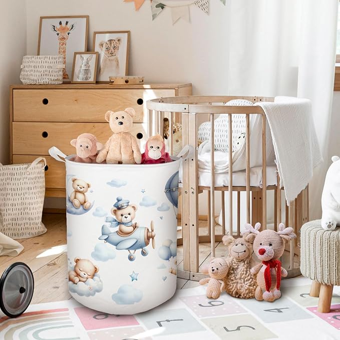Baby Nursery Laundry Basket, Toybox for Boys Girls Room, Cute Blue Bear Laundry Basket Hamper Waterproof Collapsible Clothes Toys Storage Bin Organizer for Kids Room Playroom Bedroom Bathroom