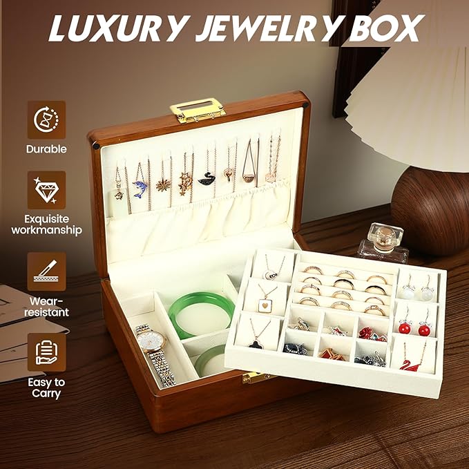 Solid Walnut Wood Jewelry Box with Lock, 2 Layer Velvet Jewelry Organizer Storage for Earrings Rings Necklaces Bracelets Cufflink, Gift Idea for Men Women, Beige
