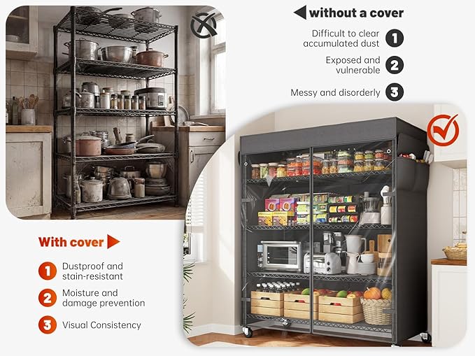 REIBII 45''W Storage Shelves with Cover & Wheels, Metal Shelving Waterproof Dustproof, Wire Shelving Unit Covers, Garage Storage Rack Wire Shelf for Kitchen Pantry, Storage Room, 45Wx17.72Dx72.83H