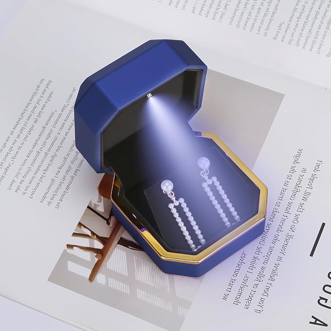 Luxury LED Jewelry Earring Pendant Stud Box, Velvet Earring Necklace Gift Box Storage Case Organizer Holder for Proposal Engagement Wedding Anniversary Birthday Ceremony (Blue)