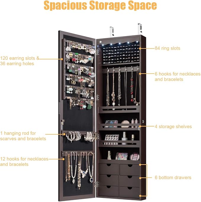 Giantex Wall Door Mounted Jewelry Cabinet with Full Length Mirror, Lockable Over Door Jewelry Armoire with LED Lights, 47.5" Large Jewelry Storage Organizer with 6 Drawers, Espresso