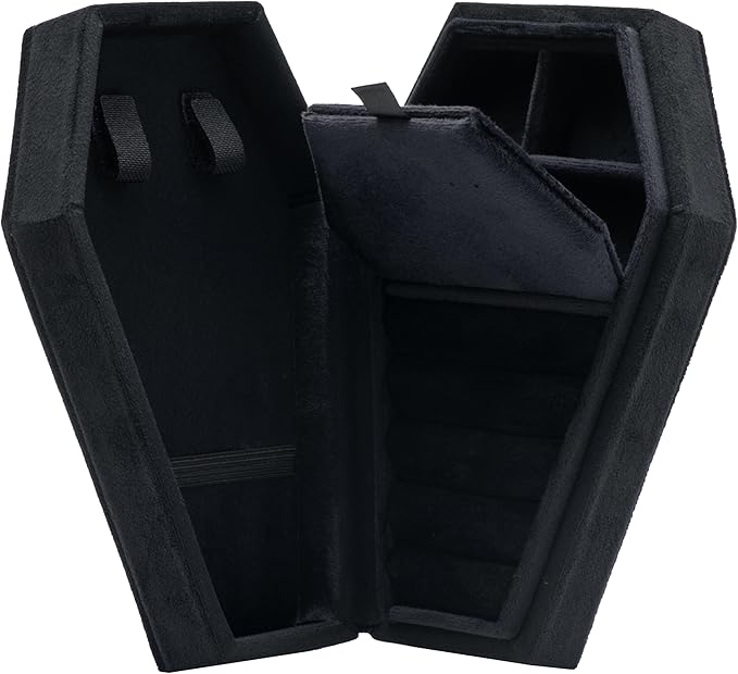 Velvet Coffin Jewelry Travel Case Holder for Gothic Wedding Ceremony Jewelry Organizer Decoration (Black 4 Grid)