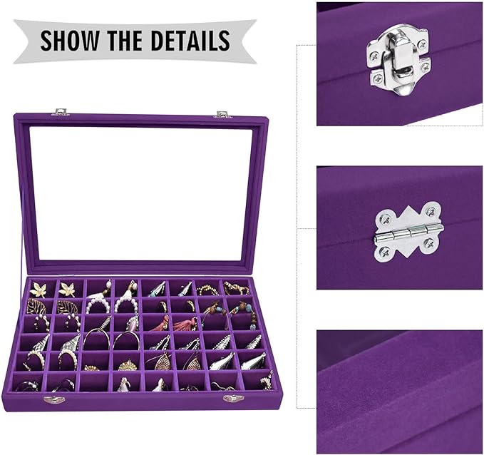 Siveit Velvet Jewelry Tray 48 Grid Jewelry Display Tray Organizer Box with Transparent Lid Rings Earrings Necklaces Pendants Display Box Suitable for Women and Girls (Purple)