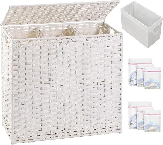 SETVSON Laundry Hamper with Lid Laundry Basket 132 L (35 Gal) Wicker Clothes Hamper, Handwoven Rattan Hamper with Handles and 4 Removable Liner Bags, 6 Mesh Bags for Laundry Bedroom White