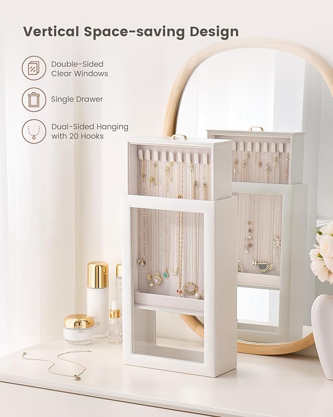 Lolalet Upgraded Double-Sided Hanging Necklace Organizer Box, Jewelry Display Case with Double-Sided Clear Window for Necklaces Bracelets, Tangle-Free Necklace Storage Box, Mothers Day Gift