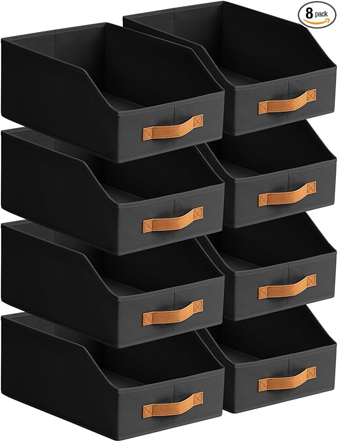 Homsorout Fabric Storage Bins for Organizing - 8 Pack Large Trapezoid Collapsible Storage Bins with Front Handle, Closet Organizers and Storage for Bedroom, Home Shelves, Small Spaces, Black