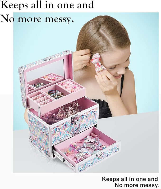 Hododou Girls Jewelry Box Organizer with Drawer & Mirror, Mermaid Tail Style Lockable Storage Case for Kid or Little Girls Jewelry and Hair Accessories