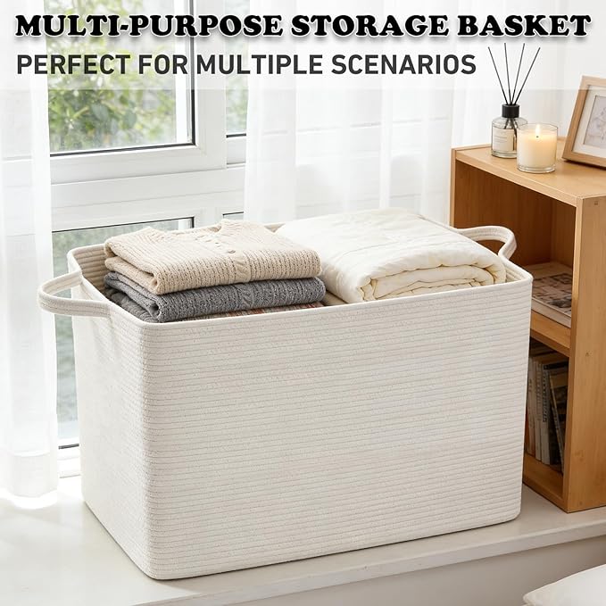 96L Large Blanket Basket,24"x16"x15"Rectangle Storage Bin with Handles,Woven Rope Laundry Basket for Toys, Clothes,Magazines,Home Organization,Nursery,Living Room & Bedroom,White
