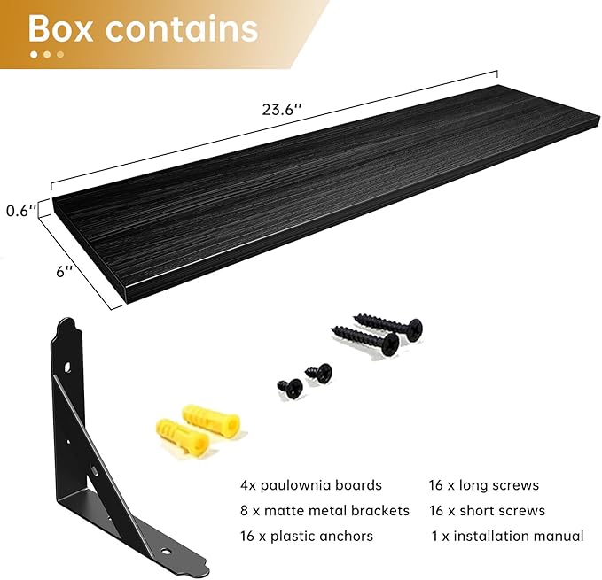 ROMGUAR CRAFT Wood Floating Shelves Set of 4, Rustic Storage Decor Wall Shelves, Wall Mounted Shelf for Living Room, Bedroom 23.6" x 6", Black