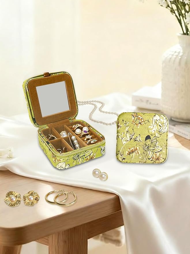 Small Travel Jewelry Box for Women - Mini Personalized Jewellery Organizer with Mirror|Cute Portable Jewelry Case Necklace Earring Ring Compact Storage Holder Birthday Gifts for Mom Bridesmaid (Green)