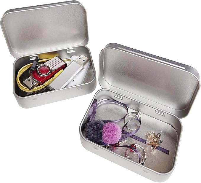 Hulless Small Hinged Tin Box Metal Tins Storage Containers Portable Craft Organizer for Home Storage to pills, candies, herbs, planting seed, nail art etc, Silver 6Pcs