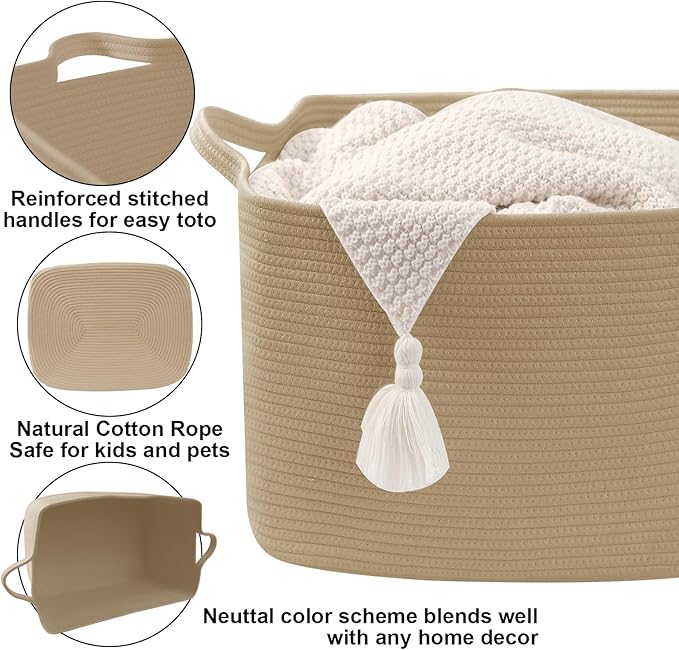 Large Blanket Basket,Woven Rope Basket Storage Bin with Handles,65L Rectangle Laundry Basket for Magazines,Toys,Clothes,Newspaper Shelf Organization,Nursery and Living Room,Jute