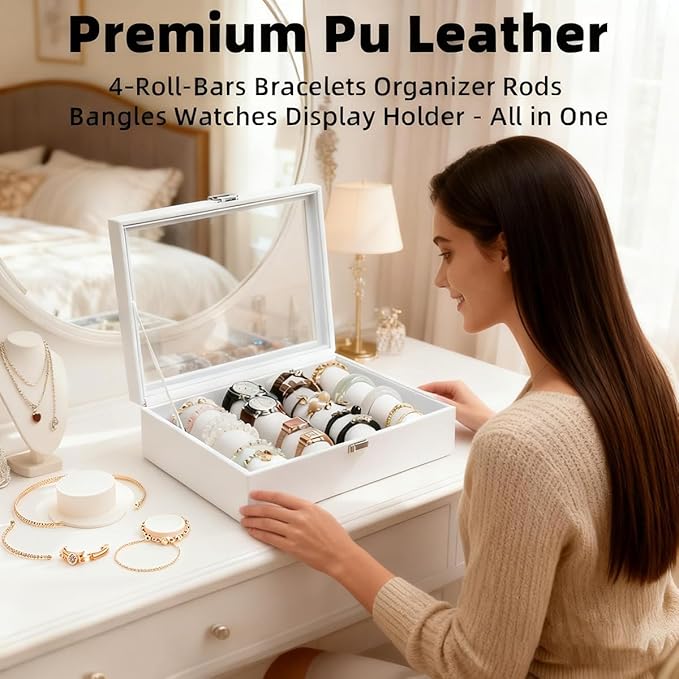 Bracelets Organizer Rods Bangles Display Holder, Clear See through Lid Leather Velvet Jewelry Storage Box Case for Women, 4 Rods White Leather