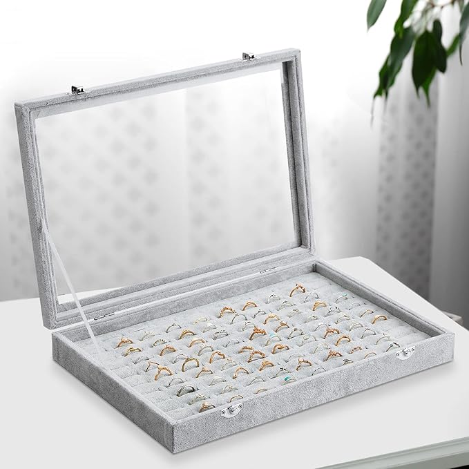 Yinkin 2 Pcs 100 Slots Ring Organizer Box with Transparent Glass Lid Necklace Display Tray Ring Case Velvet Jewelry Holder (Gray)