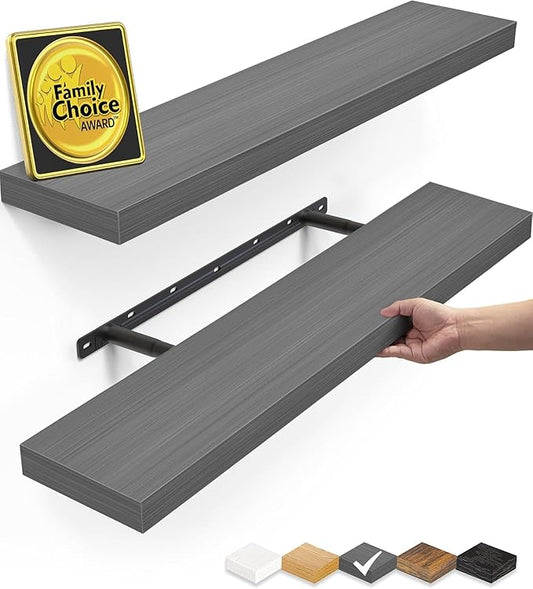 BAYKA Floating Shelves Grey, 22.5 inch Rustic Wood Wall Mounted Shelves for Bathroom, Bedroom, Living Room, Kitchen, Hanging Shelf for Books/Storage/Decor (Gray,Set of 2)