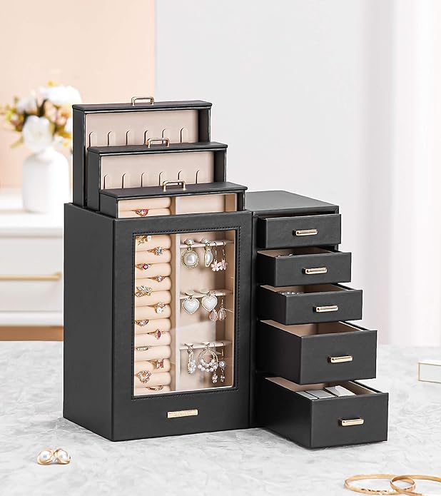Homde Large Jewelry Box/Organizer/Case with Glass Window, Drawers for Necklaces Earrings Rings Bracelets Watches Gift for Women Girls