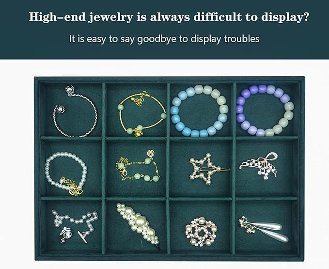 Large Velvet Jewelry Tray, Drawer Organizer for Jewelry in Dresser, Stackable Jewelry Drawer Organizer Inserts for Earring Necklace Bracelet Rings(Green,12grid)