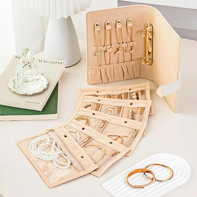 Travel Jewelry Binder Earring Organizer, Portable PU Jewelry Book Organizer with 4 Necklace Clips & 5 Zipper Velvet Pouch For Rings,Necklace,Earrings - Perfect Jewelry Storage Book For Women Girls