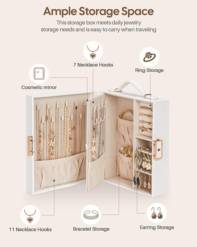 Enthralite Large Travel Jewelry Case: Portable Jewelry Box with Mirror - PU Leather Small Jewelry Organizer for Rings Earrings Necklaces Bracelets - Birthday Gift for Her