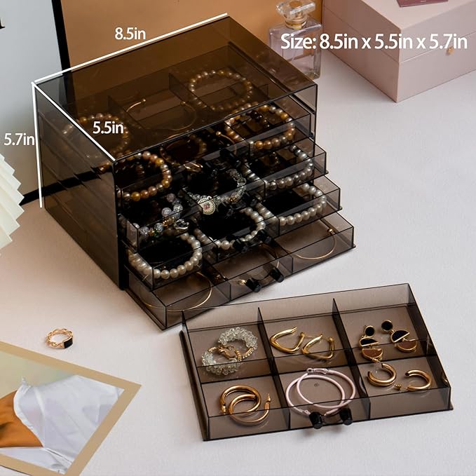 SPAKOWN Earring Organizer, Acrylic Earring Box Large 30 Compartments Jewelry Holder Organizer with 5 Drawers Stackable Earring Bracelet Storage Case Jewelry Boxes for Women (Black)