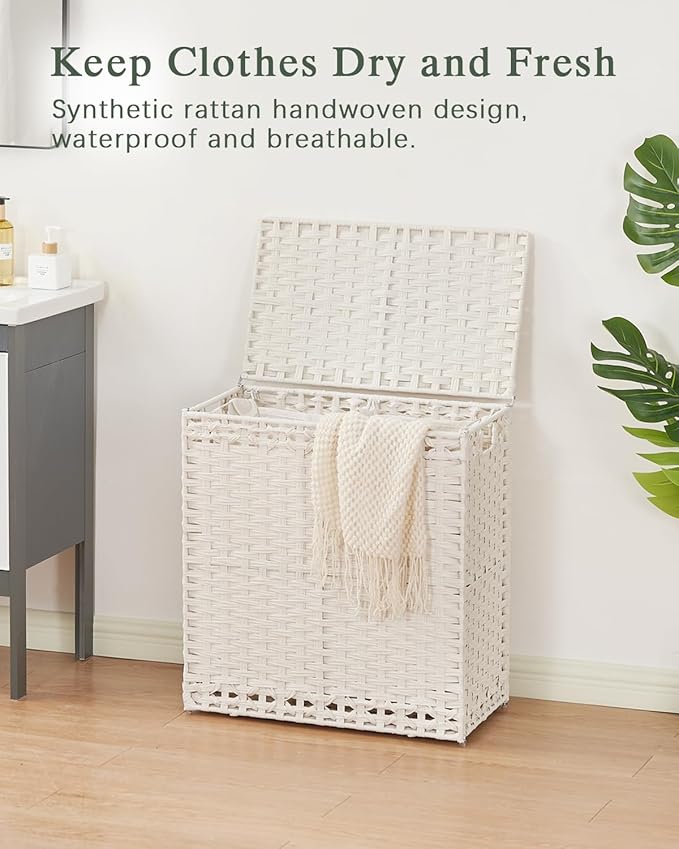 SETVSON Laundry Hamper with Lid Wicker Laundry Basket 112 L (29.6 Gal) Laundry Hampers Handwoven Rattan Clothes Hamper with Handles 3 Removable Liner Bag, 6 Mesh Bags for Bathroom Bedroom White