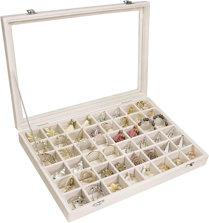 Siveit Velvet Jewelry Tray 48 Grid Jewelry Display Tray Organizer Box with Transparent Lid Rings Earrings Necklaces Pendants Display Box Suitable for Women and Girls (Beige)