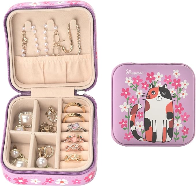 shunmei Mini Travel Jewelry Box,PU Leather Portable Jewelry Organizer Case,Art Accessories Storage Holder Boxes for Earring, Necklace, Rings, Bracelets (Pink Cat)