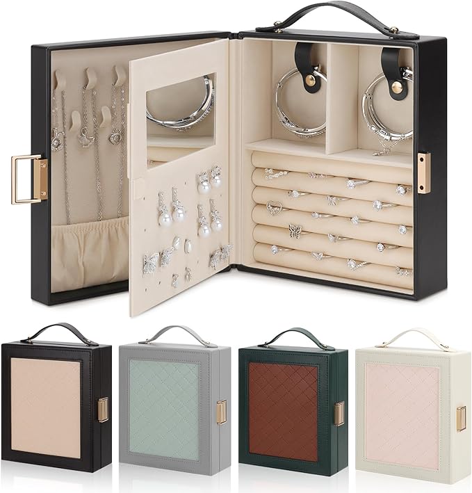 DesignSter Travel Jewelry Case for Woman, Portable Jewelry Travel Box with Mirror, PU Leather Small Jewelry Organizer with Handle for Rings Earrings Bracelets Necklaces(Black Brown & Apricot)