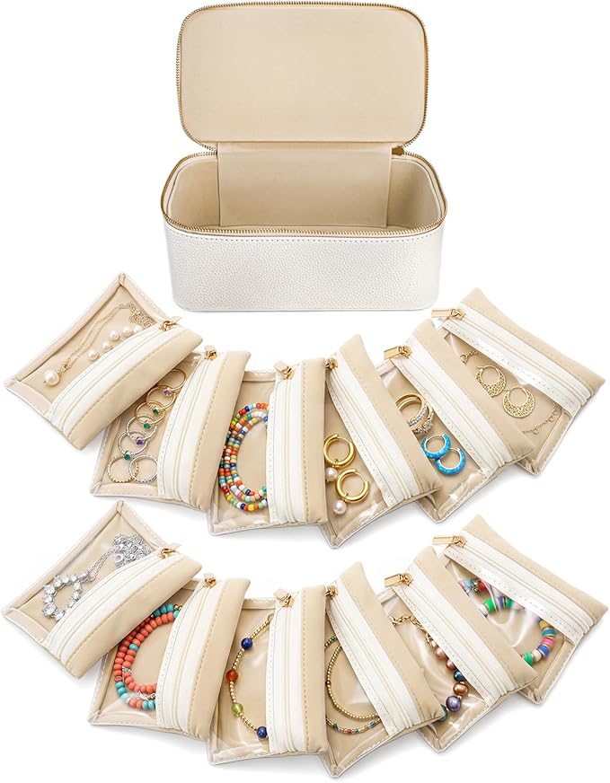Hacaroa Travel Jewelry Case with 12 Velvet Pouches, Jewelry Storage Organizer Box PU Leather, Clear Window Small Bags Wedding Gifts for Earrings, Necklaces, Bracelets, Rings, Women, Girls, Cream White