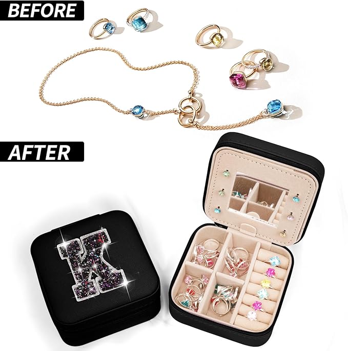 Uygafly Travel Jewelry Case - Personalized Jewelry Box for Women,Small Jewelry Organizer Cute Jewelry Organizers and Storage Aesthetic,Travel Essentials Birthday Gifts for Girls Women | Black,K