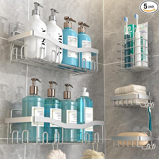 Youvip Adhesive Shower Caddy, No Drilling Bath Organizers 5 Pack, Rustproof Shelves with Soap Holder & Toothbrush Holder, Bathroom Organizers and Storage, Silver