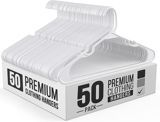 Our Modern Space 50 Pack Adult Plastic Hanger for Shirt Pants Coats Dresses Skirts Suits Jackets - Standard Thick Coat Hanger - Sturdy & Durable Design with Shoulder Grooves Hook - White
