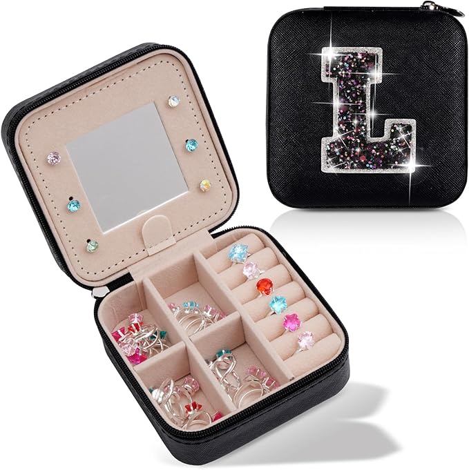 Uygafly Travel Jewelry Case - Personalized Jewelry Box for Women,Small Jewelry Organizer Cute Jewelry Organizers and Storage Aesthetic,Travel Essentials Birthday Gifts for Girls Women | Black,L
