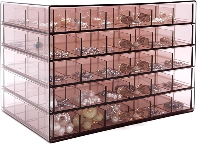 Clear Pink Acrylic Jewelry Storage Box, Earring Jewelry Organizer with 5 Drawers, 5-Layer Jewelry Box for Women, Earring Display Holder for Earrings Ring Bracelet Necklace, 120 Grid Storage Box