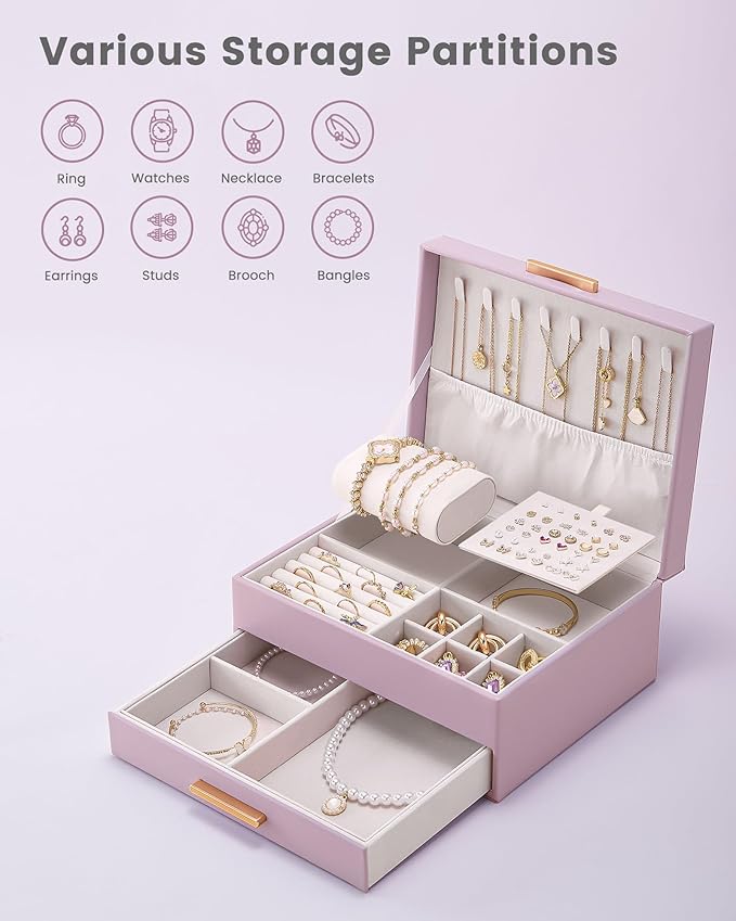 Lolalet 2-Layer Jewelry Box Organizer for Women Girls, Jewelry Storage Case Holder with Drawers for Necklaces Ring Earrings Bracelet Watch, Gifts Choice for Mom Mother’s Day -Purple