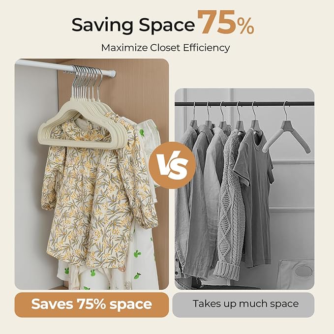 GoodtoU Kids Velvet Hangers, 50 Pack, 11.8 in Non-Slip Baby & Toddler Clothes Hangers, Baby Felt Hangers with Notches & 360° Swivel Hooks for Space-Saving, Beige