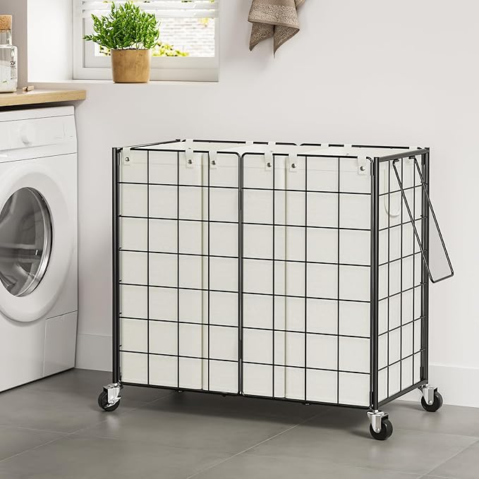 WOWLIVE Laundry Hamper with Wheels,Metal Wire Frame Rolling Laundry Basket 3 Section with Removable bags,150L Dirty Clothes Hamper Organizer Dorm Room Storage for Bedroom,Bathroom,Black and White