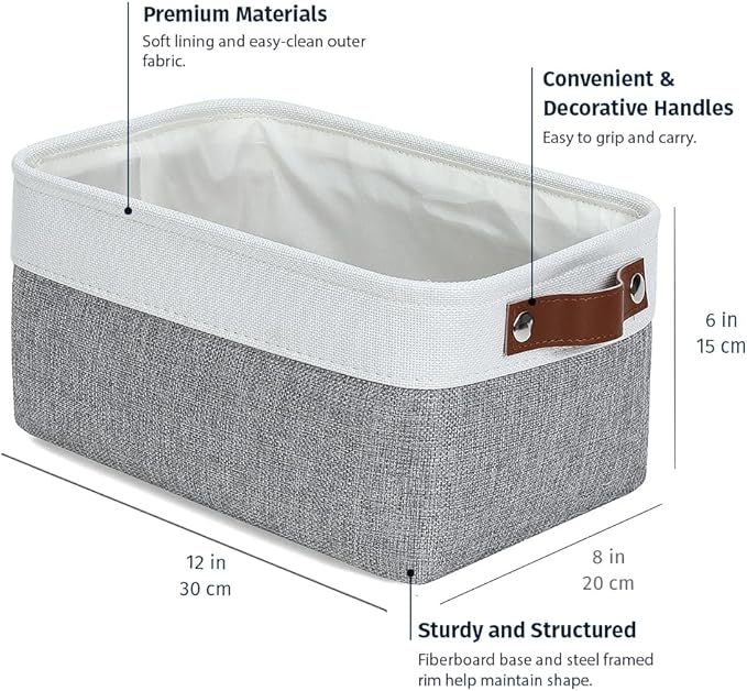 OrganiHaus Small Fabric Storage Baskets 3 Pack, 12x8in Cloth Storage Bins for Shelves, Small Baskets for Organizing Pantry Closet, Canvas Shelf Baskets, Gray/Off-White