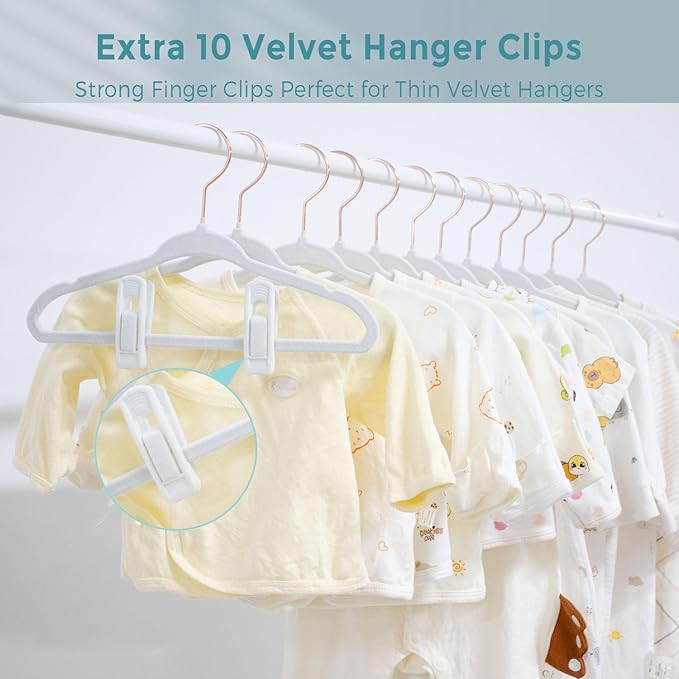 Tonswachic Baby Hangers Velvet - 11 Inch Baby Felt Hangers Non Slip for Toddler - Kids Hanger for Infant Clothes - 30 Pack with 10 Hanger Finger Clips, White